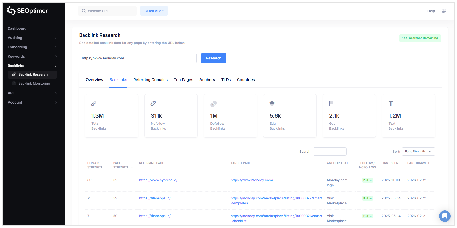 SEOptimer Backlinks tab